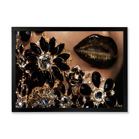 Designart 'Woman Lips With Golden Jewelry' Modern Framed Art Print