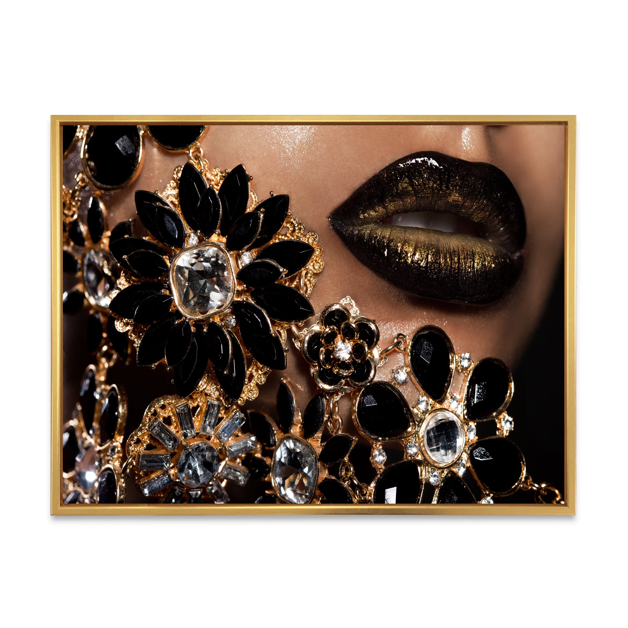 Designart 'Woman Lips With Golden Jewelry' Modern Framed Canvas Wall Art Print