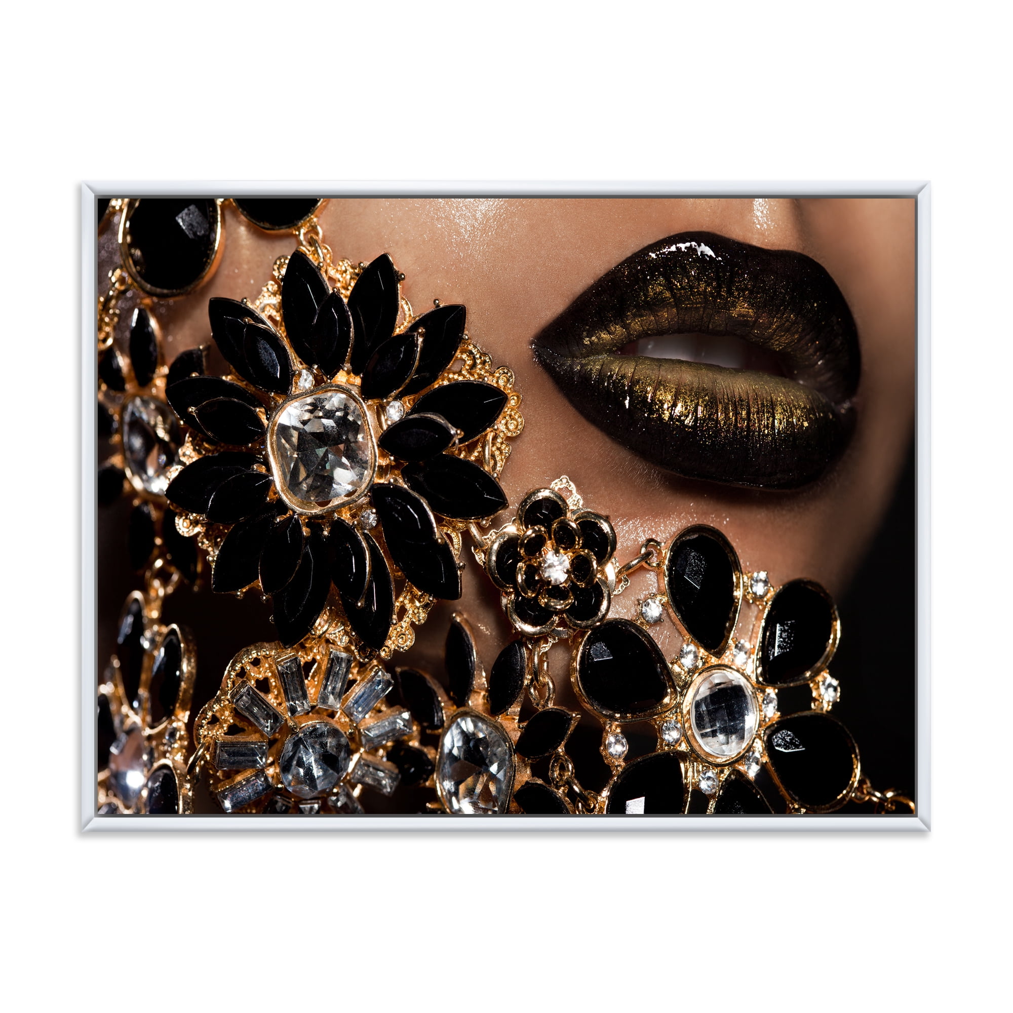 Designart 'Woman Lips With Golden Jewelry' Modern Framed Canvas Wall Art Print