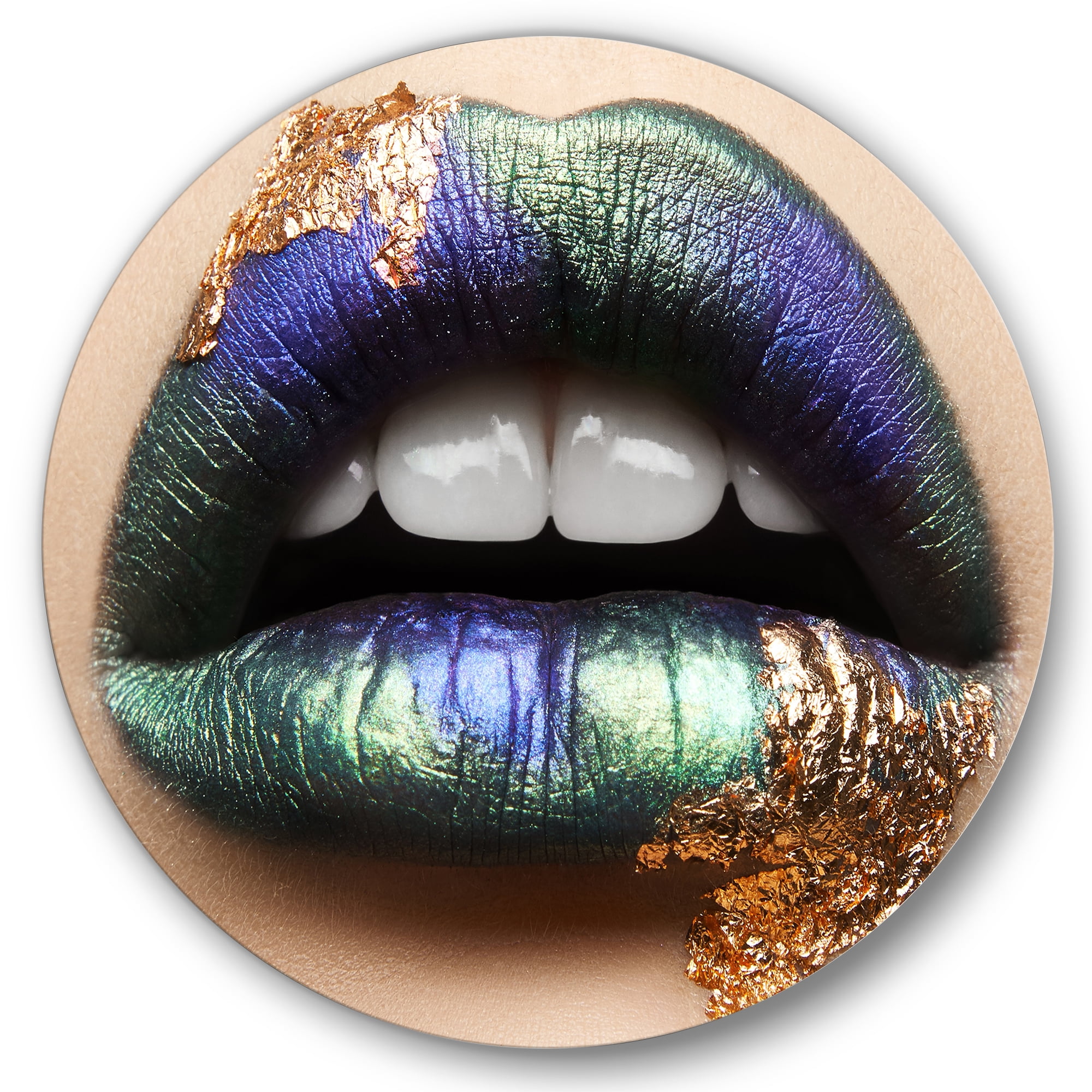 Designart 'Woman Lips With Green Lipstick & Teeth' Modern Circle Metal Wall Art 11x11 - Disc of 11