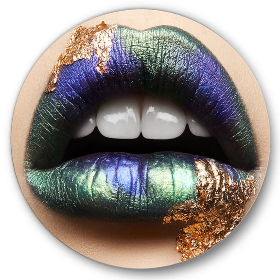 Designart 'Woman Lips With Green Lipstick & Teeth' Modern Circle Metal Wall Art 36x36 - Disc of 36
