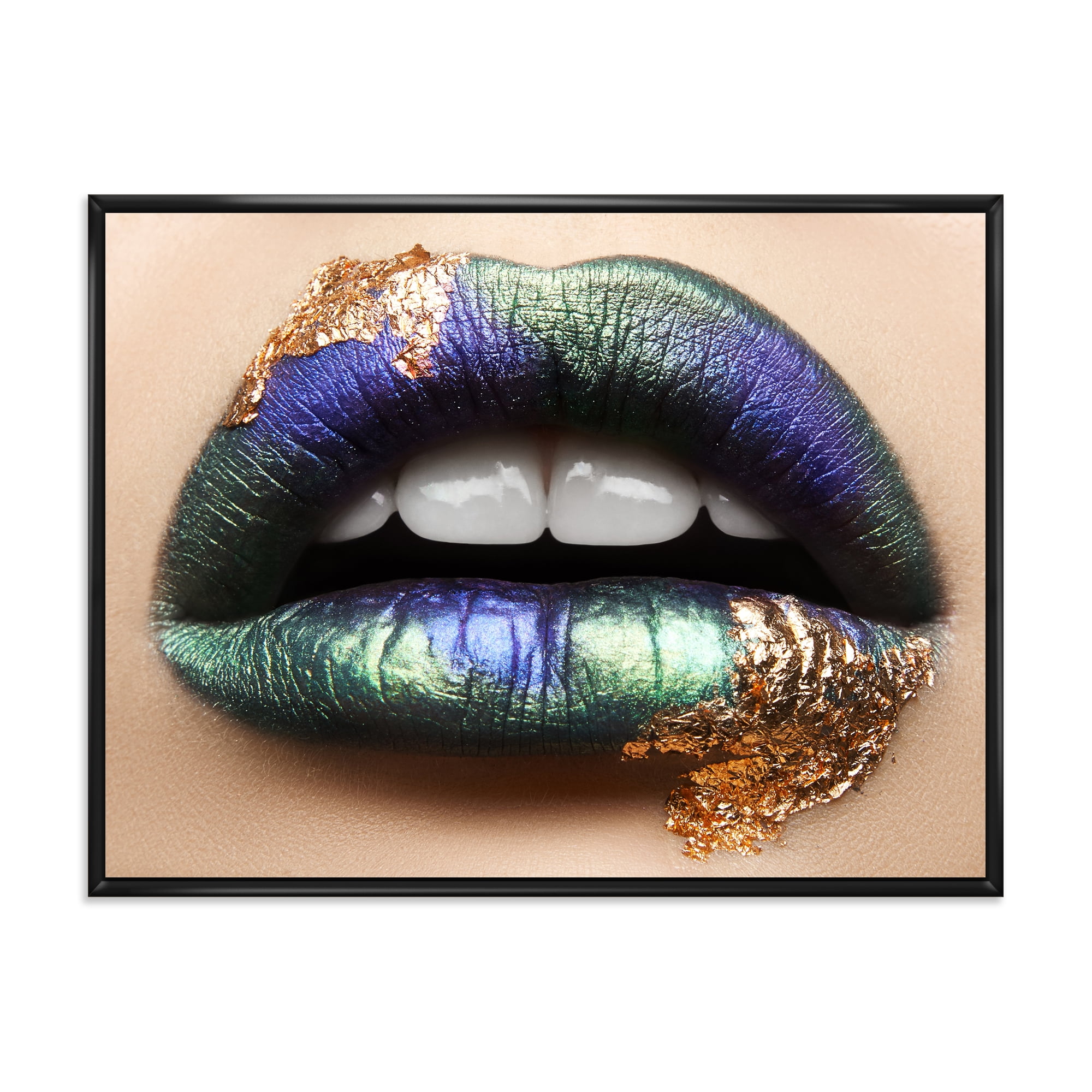 Designart 'Woman Lips With Green Lipstick & Teeth' Modern Framed Canvas Wall Art Print