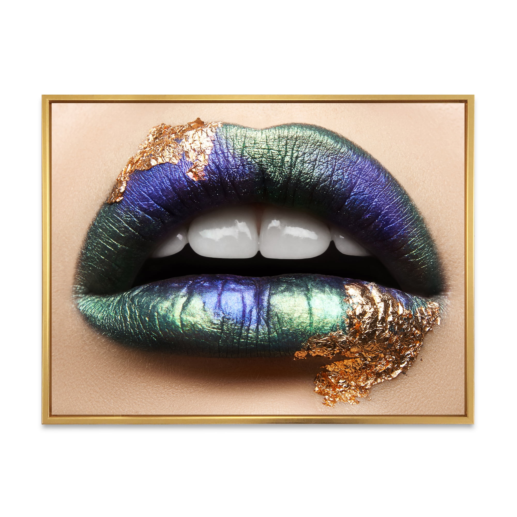Designart 'Woman Lips With Green Lipstick & Teeth' Modern Framed Canvas Wall Art Print