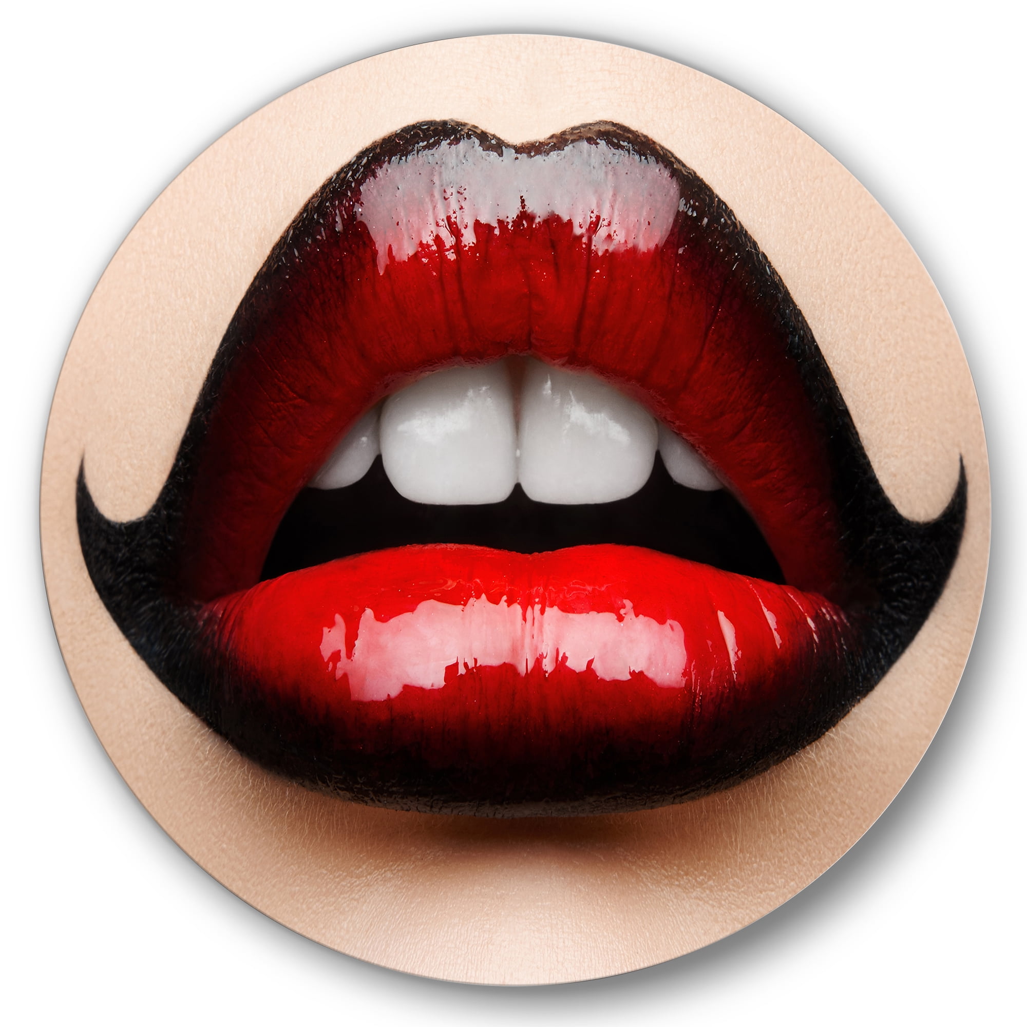 Designart 'Woman Lips With Red and Black Lipstick' Modern Circle Metal Wall Art 29x29 - Disc of 29