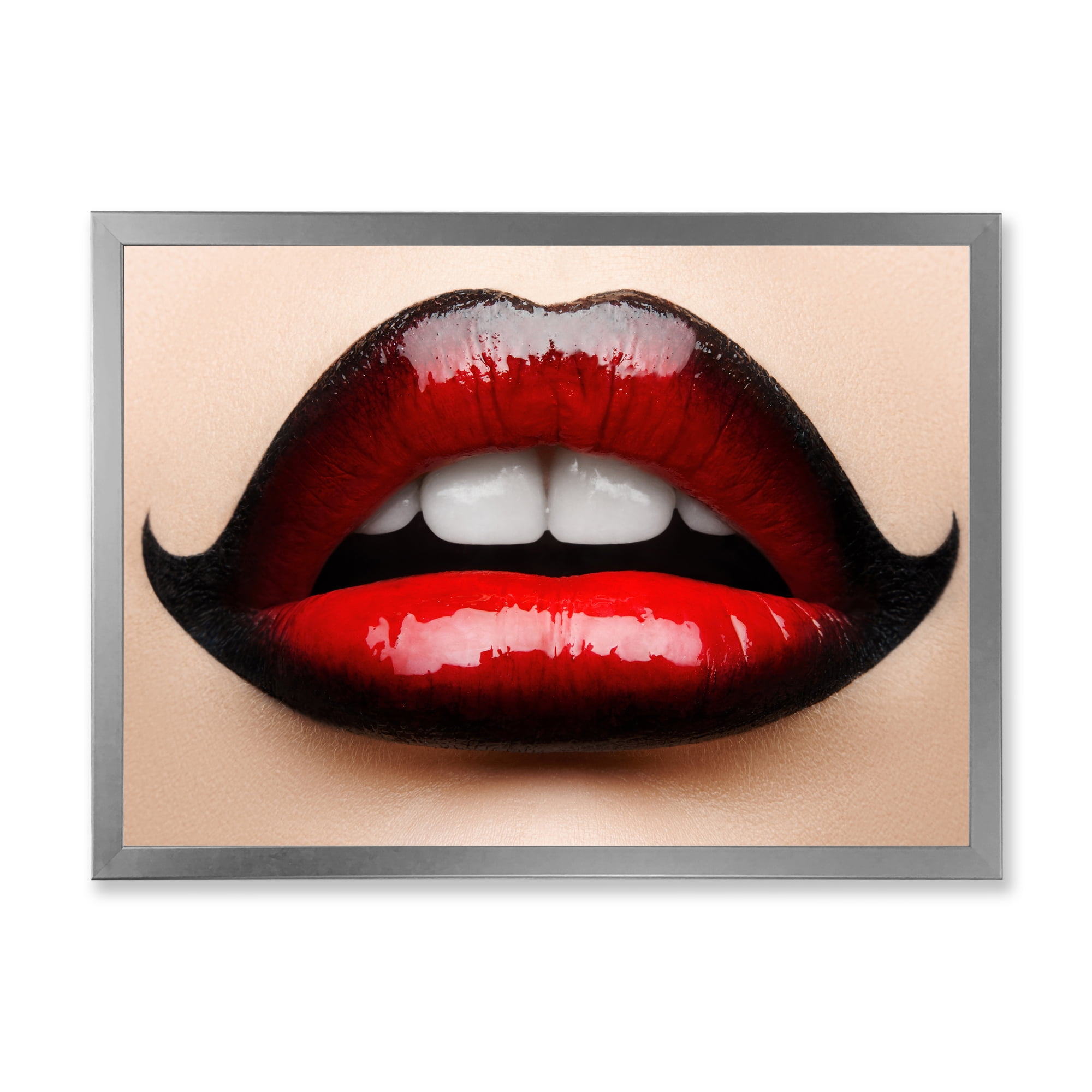 Designart 'Woman Lips With Red and Black Lipstick' Modern Framed Art Print