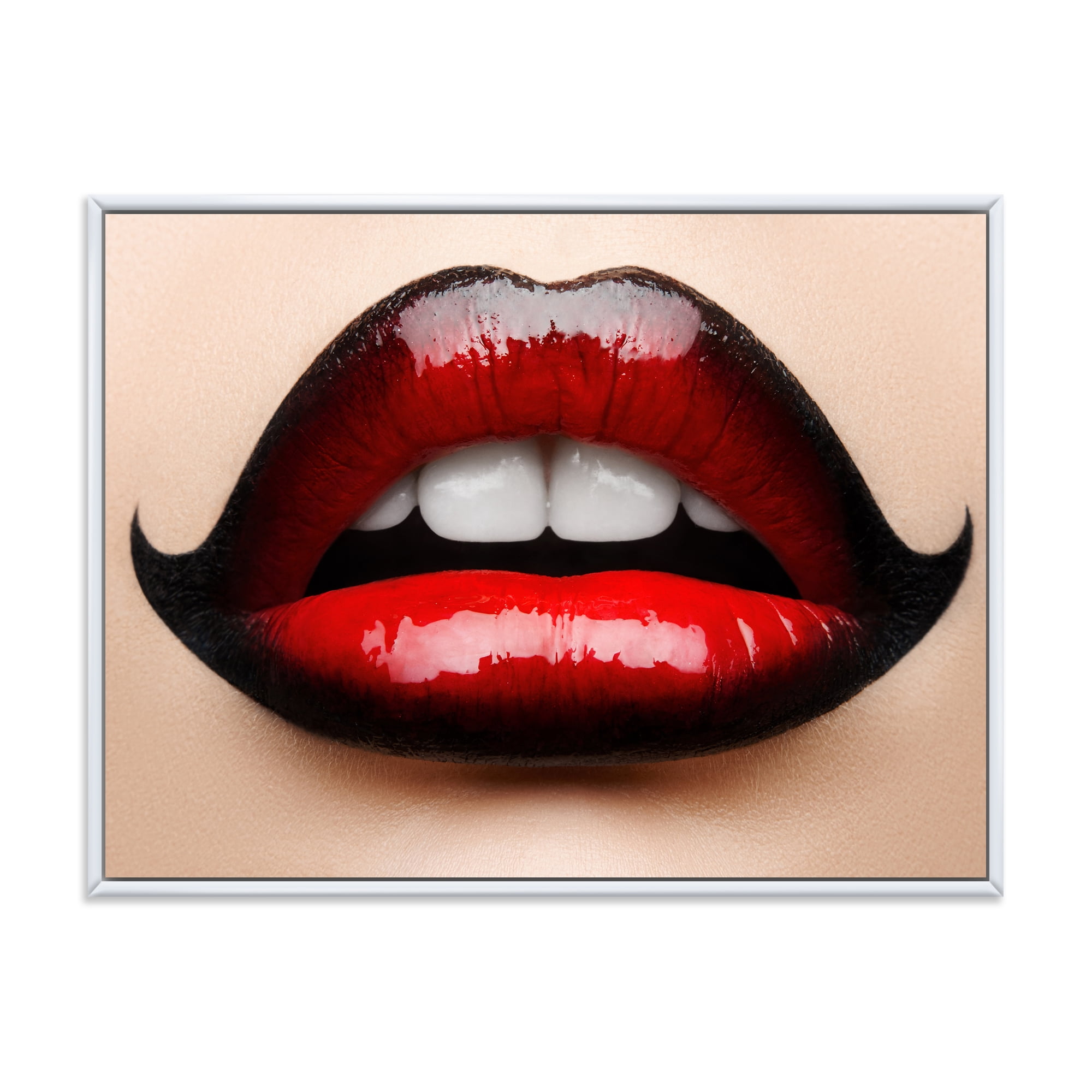 Designart 'Woman Lips With Red and Black Lipstick' Modern Framed Canvas Wall Art Print