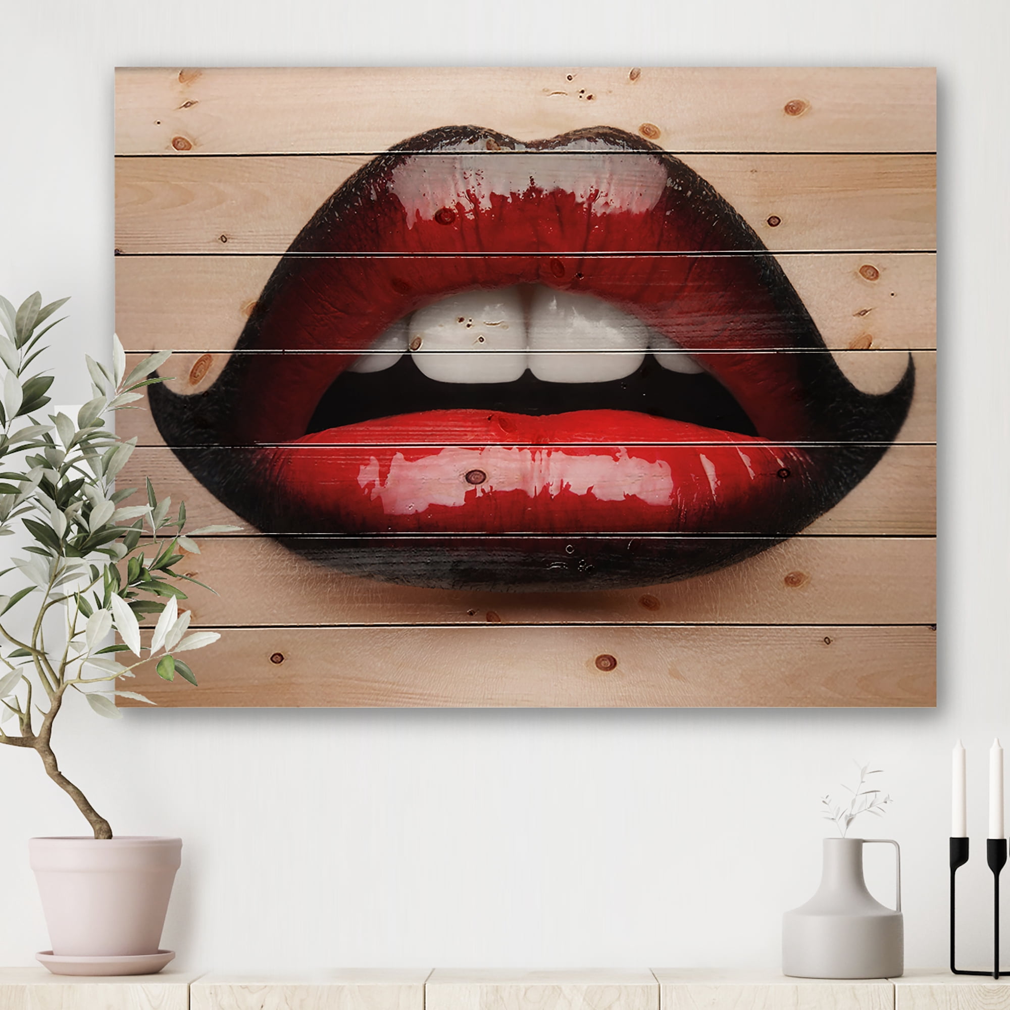 Designart 'Woman Lips With Red and Black Lipstick' Modern Print on Natural Pine Wood