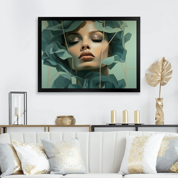 Designart "Woman Portrait with Blooming Flowers in Green and Beige" Fashion Framed Wall Art Decor - Glam Green Fashion Woman Hallway Framed Wall Art Decor