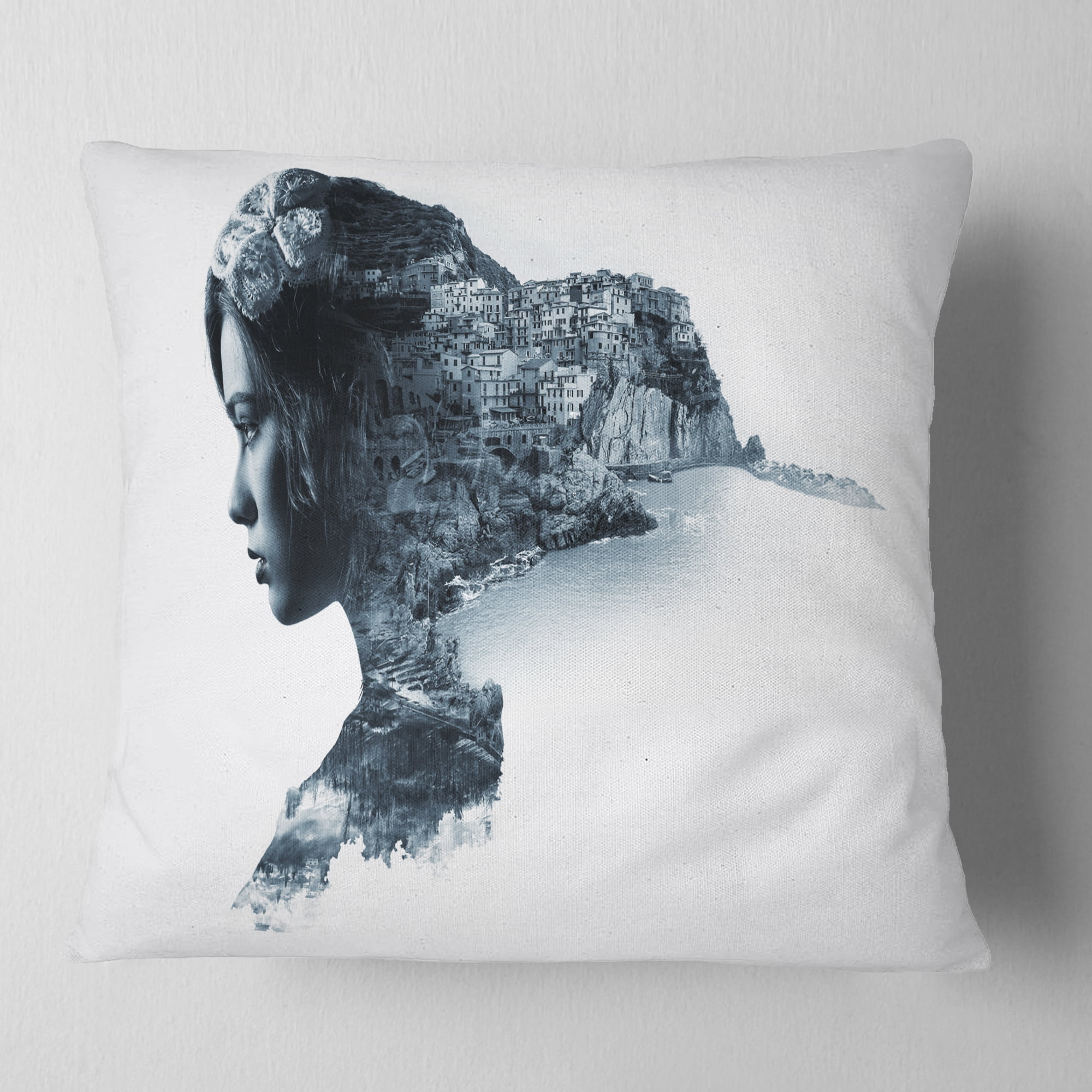 Designart Woman Portrait Double Exposure - Portrait Throw Pillow - 18x18