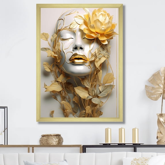 Designart "Woman Portrait in White and Gold with Leaves II" Fashion Framed Wall Art - Glam Gold Fashion Woman Entryway Framed Wall Art