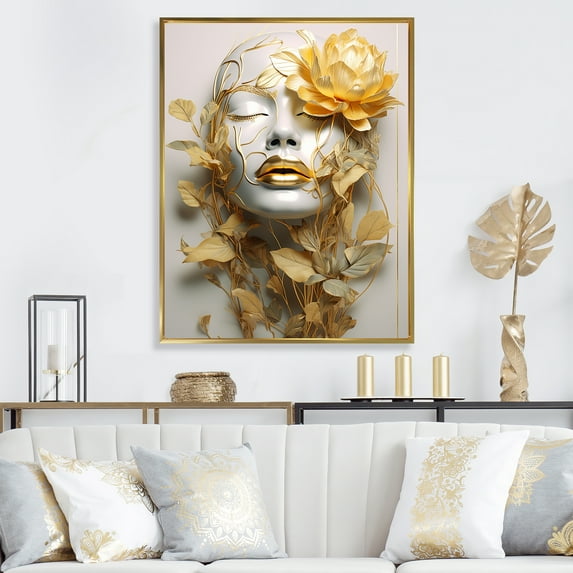 Designart "Woman Portrait in White and Gold with Leaves II" Fashion Framed Wall Art - Glam Gold Fashion Woman Entryway Framed Wall Art