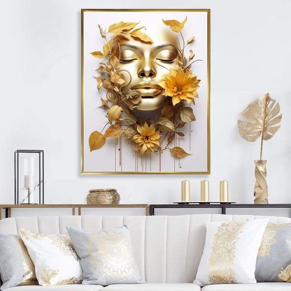 Designart "Woman Portrait in White and Gold with Leaves III" Fashion Framed Wall Art - Glam Gold Fashion Woman Hallway Framed Wall Art Decor