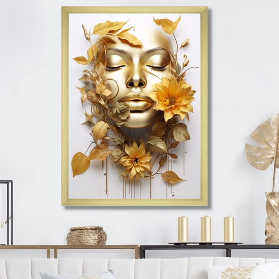 Designart "Woman Portrait in White and Gold with Leaves III" Fashion Framed Wall Art - Glam Gold Fashion Woman Hallway Framed Wall Art Decor