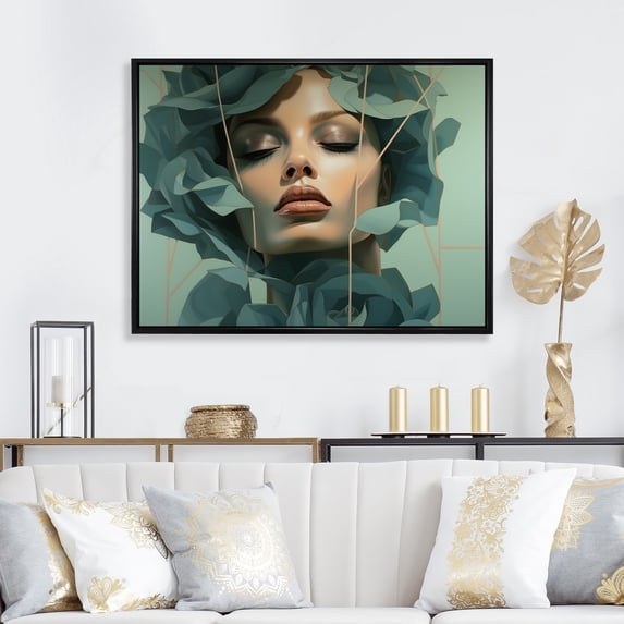 Designart "Woman Portrait with Blooming Flowers in Green and Beige" Fashion Framed Wall Art - Glam Green Fashion Woman Bedroom Framed Canvas Wall Art
