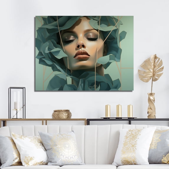Designart "Woman Portrait with Blooming Flowers in Green and Beige" Fashion Wall Art - Glam Green Fashion Woman Hallway Wall Art Decor