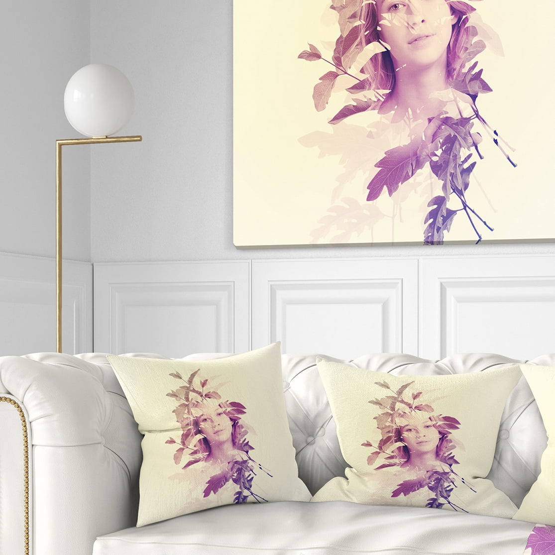 Designart Woman Portrait with Leaves - Portrait Throw Pillow - 16x16
