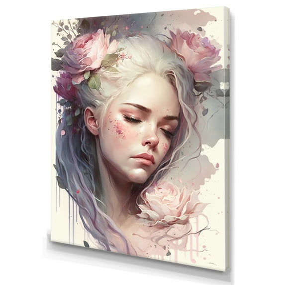 Designart Woman'S Face With Eyes Closed And Flowers In Her Hair Canvas Wall Art