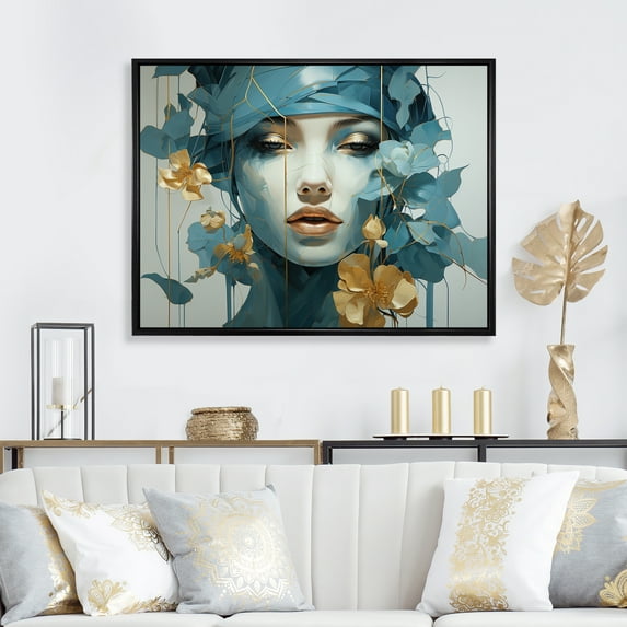 Designart "Woman Silhouette in Emerald and Gold" Fashion Framed Wall Art - Glam Blue Fashion Woman Living Room Framed Canvas Art
