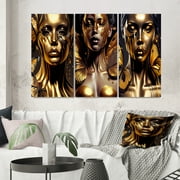 Designart "Woman Surrounded by Black and Gold Butterflies I" Contemporary Glam Wall Art Set Of 3 - Woman Butterfly Black Gallery Set For Office Decor