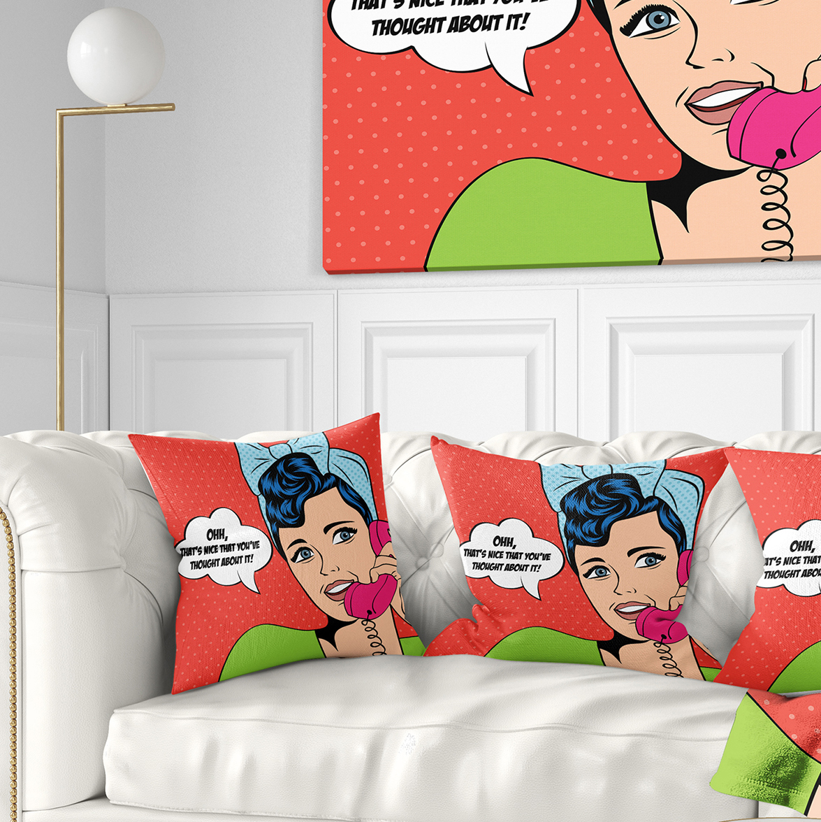Designart Woman Talking on Phone - Abstract Portrait Throw Pillow - 18x18