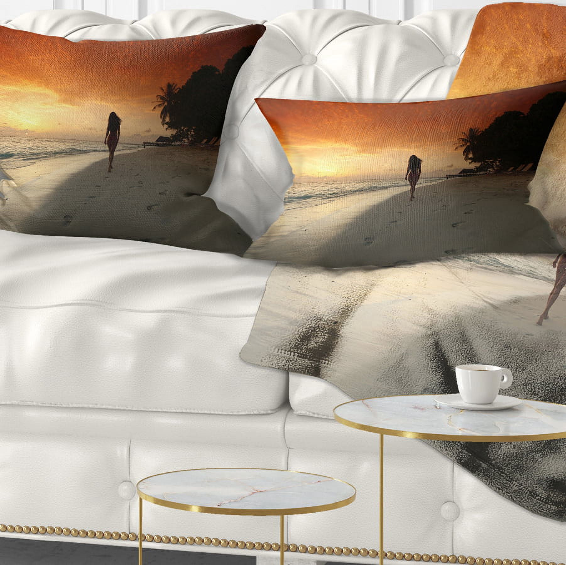 Designart Woman Walking on Beach - Seashore Photo Throw Pillow - 12x20