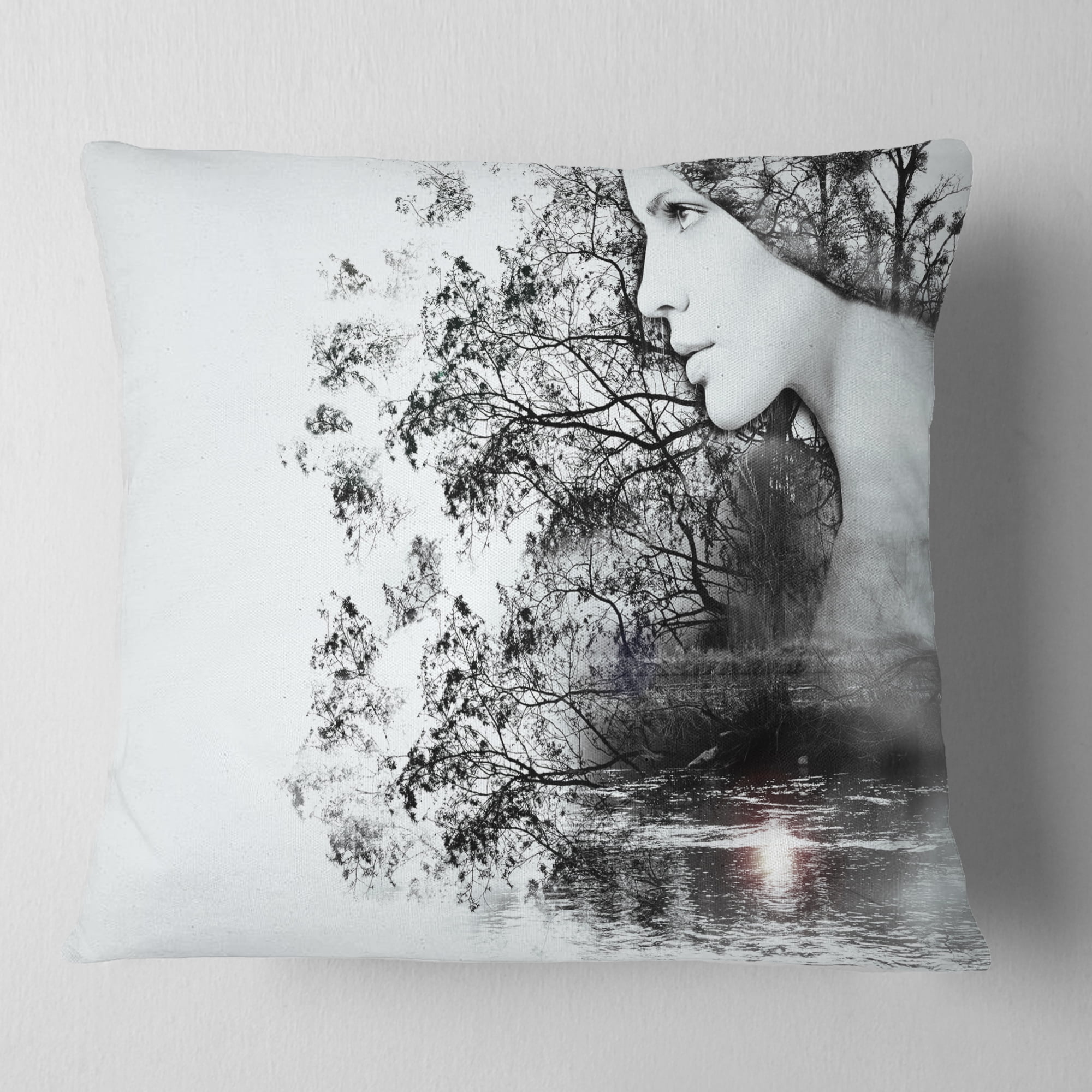 Designart Woman and Beauty of Nature - Landscape Printed Throw Pillow - 18x18