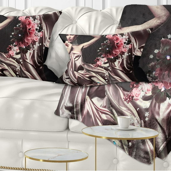 Designart Woman in Fabric and Flowers - Portrait Throw Pillow - 12x20