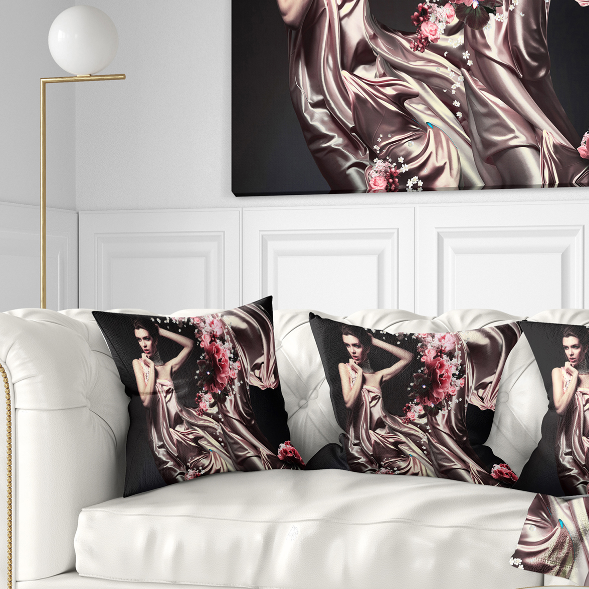 Designart Woman in Fabric and Flowers - Portrait Throw Pillow - 18x18