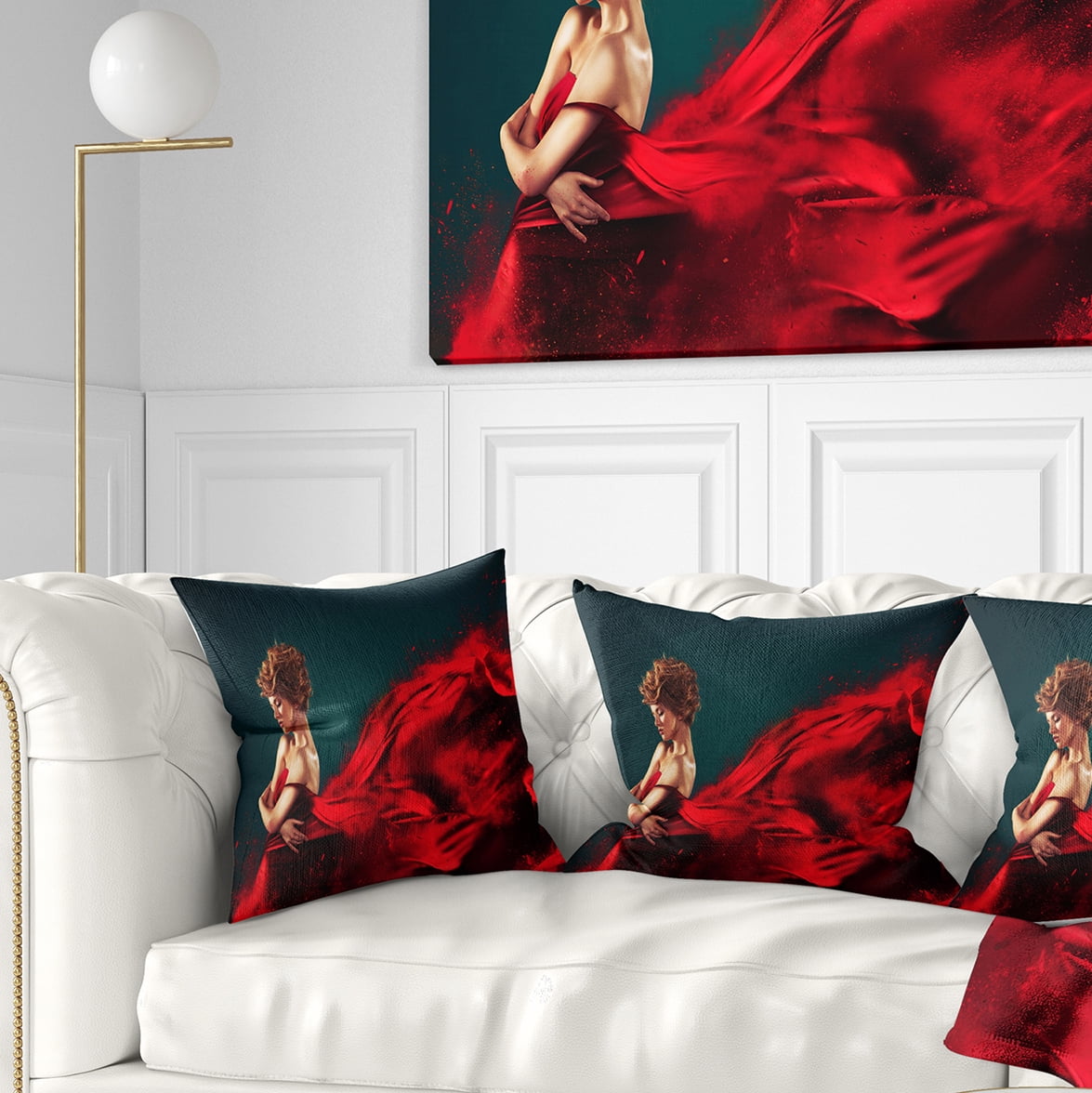 Designart Woman in Flying Red Dress - Abstract Portrait Throw Pillow - 16x16
