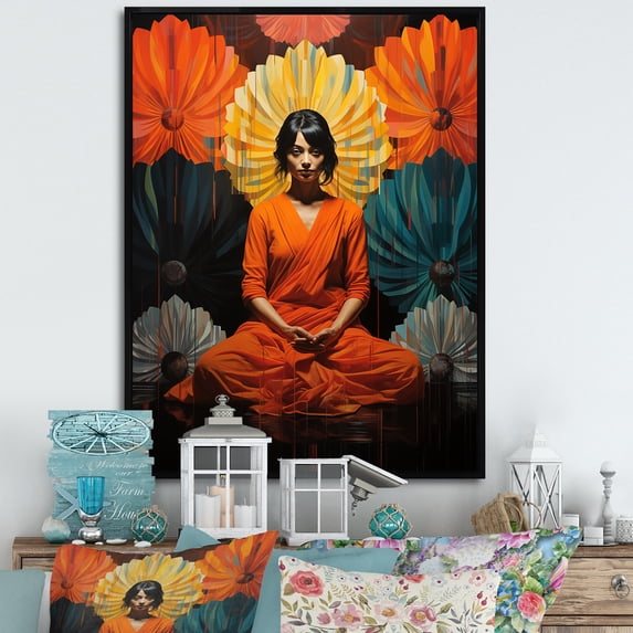 Designart "Woman in Lotus Pose during Yoga Nidra Meditation I" Spiritual Framed Wall Art - Global Orange Meditation Living Room Framed Canvas Art