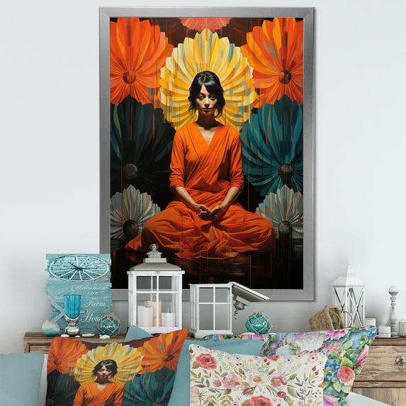 Designart "Woman in Lotus Pose during Yoga Nidra Meditation I" Spiritual Framed Wall Art - Global Orange Meditation Living Room Framed Canvas Art