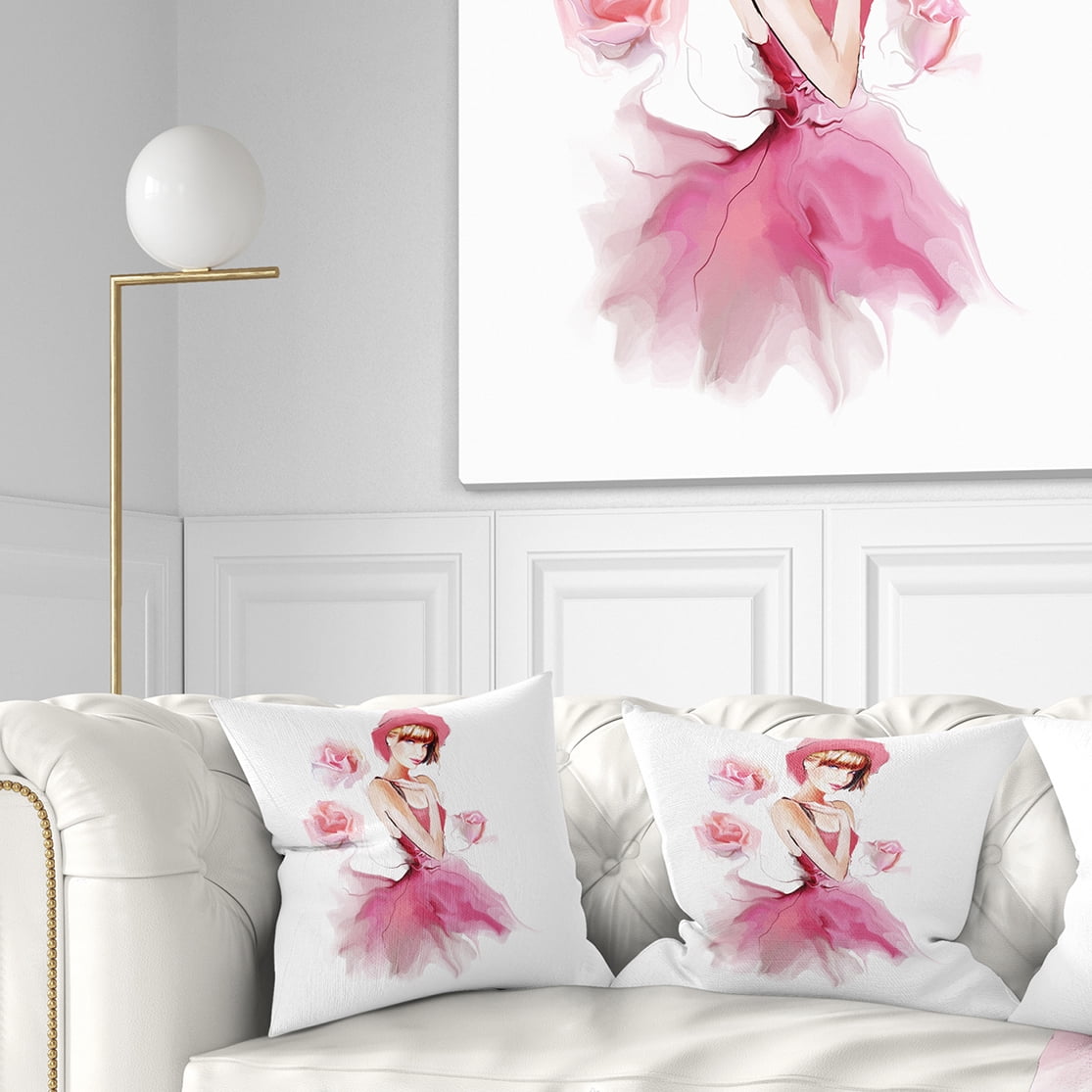 Designart Woman in Pink Dress and Hat - Digital Art Portrait Throw Pillow - 18x18