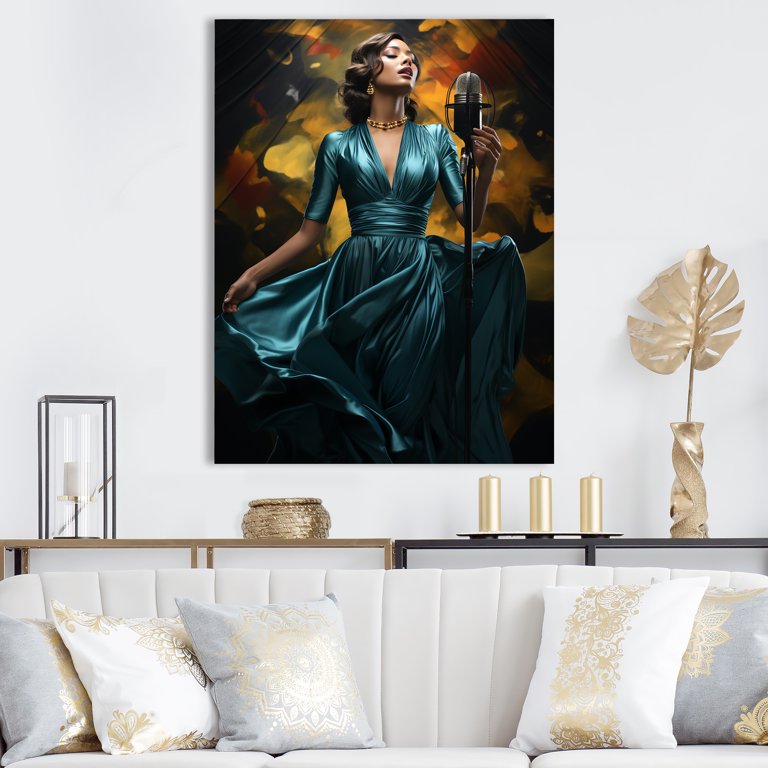 Designart "Woman in Sapphire Dress Holding Microphone" Fashion Canvas Wall  Art - Glam Black Woman Living Room Canvas Art - Walmart.com