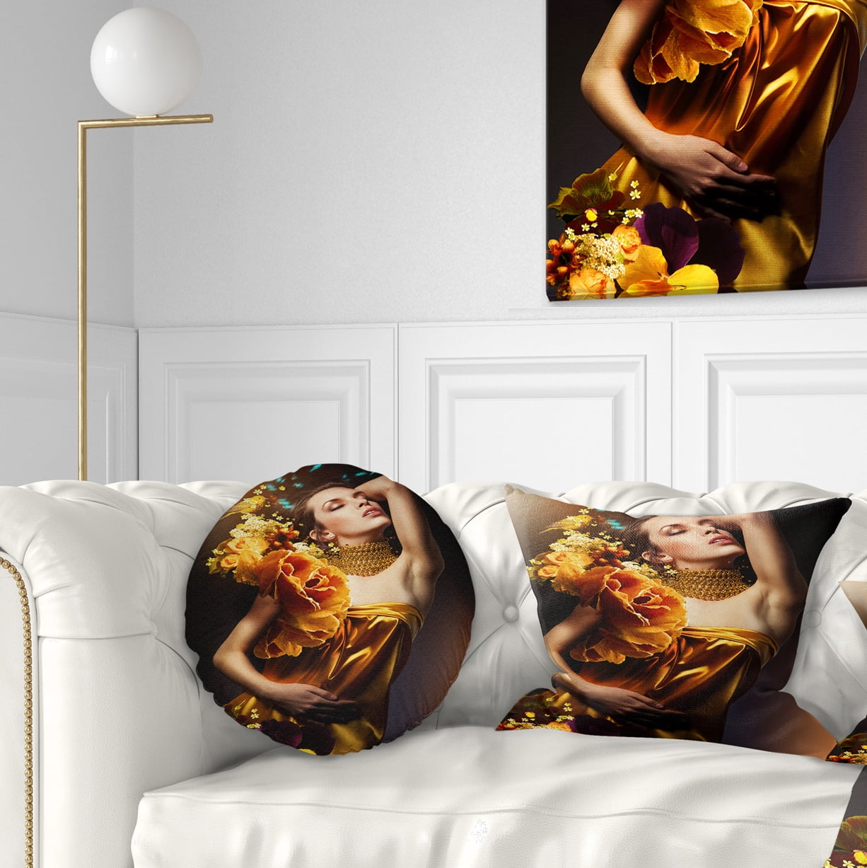 Designart Woman in Yellow Dress - Digital Art Portrait Throw Pillow - 12x20