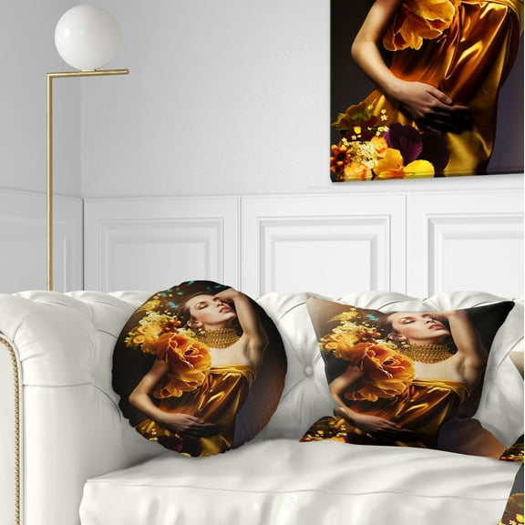 Designart Woman in Yellow Dress - Digital Art Portrait Throw Pillow - 12x20