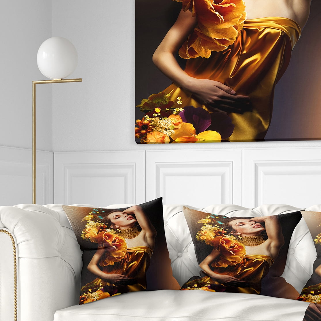 Designart Woman in Yellow Dress - Digital Art Portrait Throw Pillow - 18x18