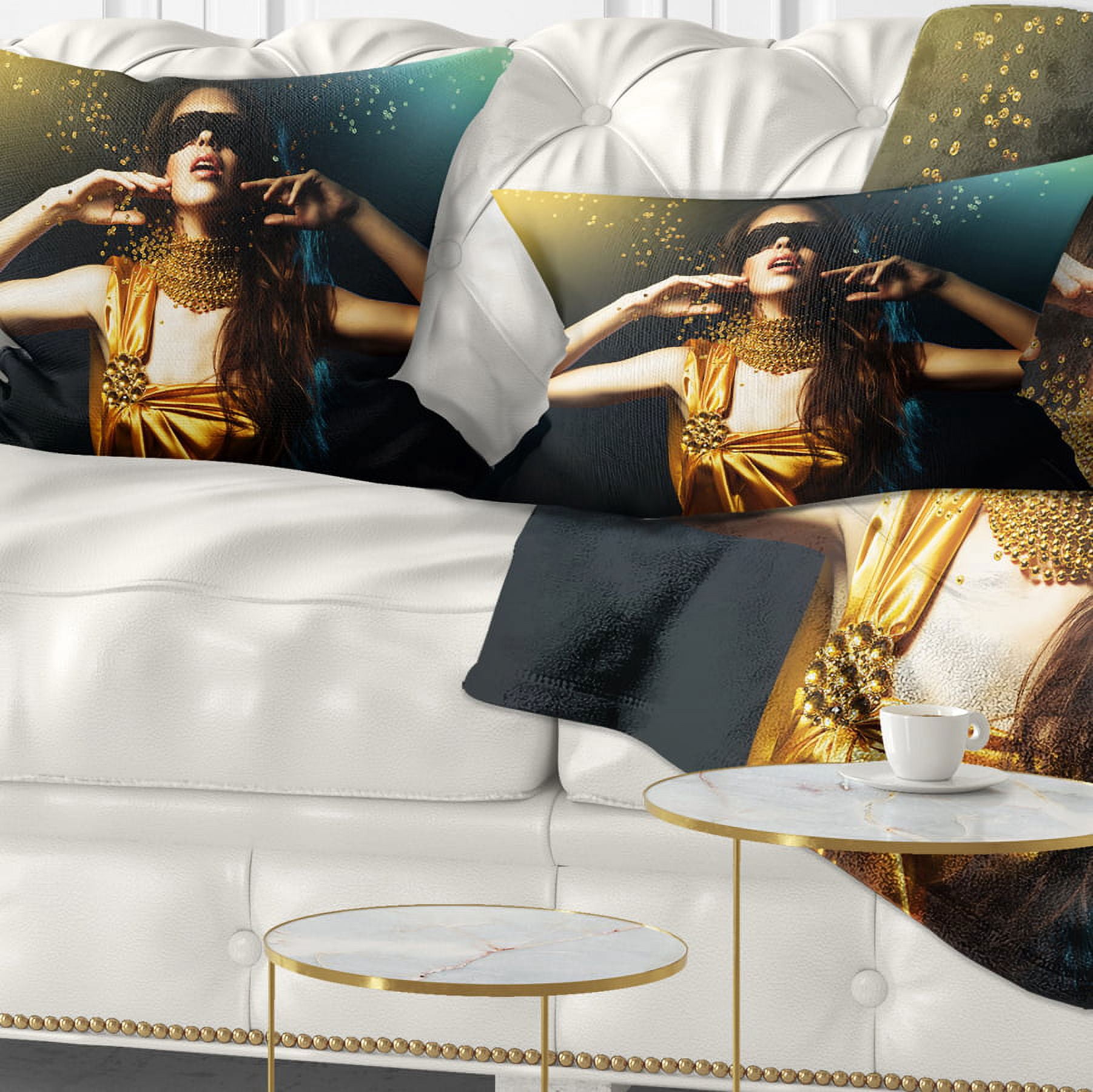 Designart Woman in Yellow with Mask - Portrait Throw Pillow - 12x20