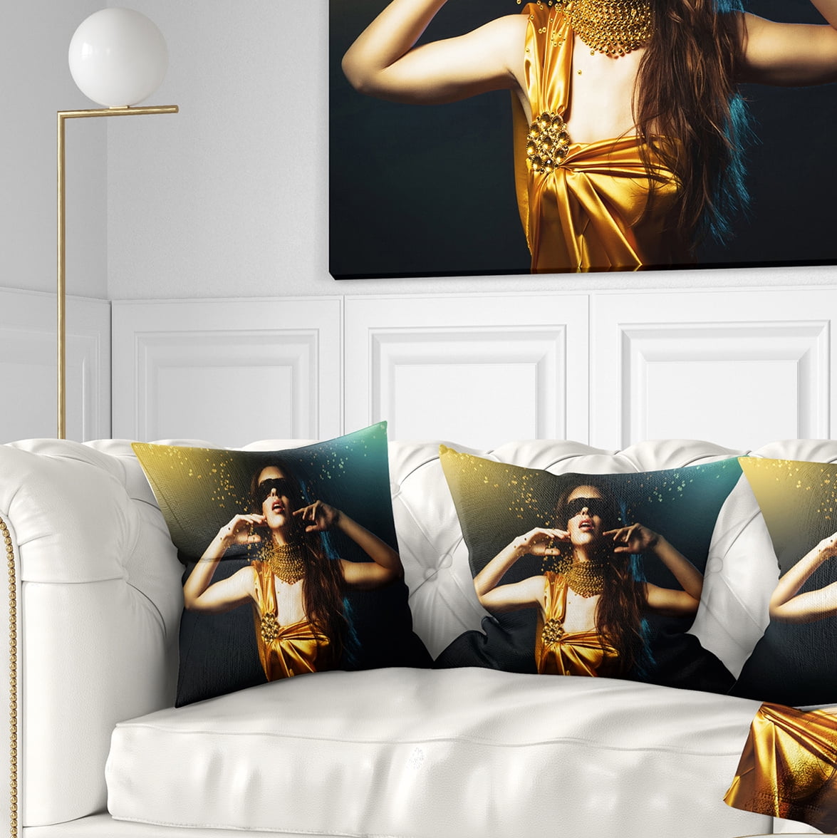 Designart Woman in Yellow with Mask - Portrait Throw Pillow - 16x16