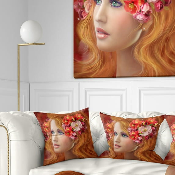 Designart Woman with Autumn Flowers - Abstract Portrait Throw Pillow - 18x18