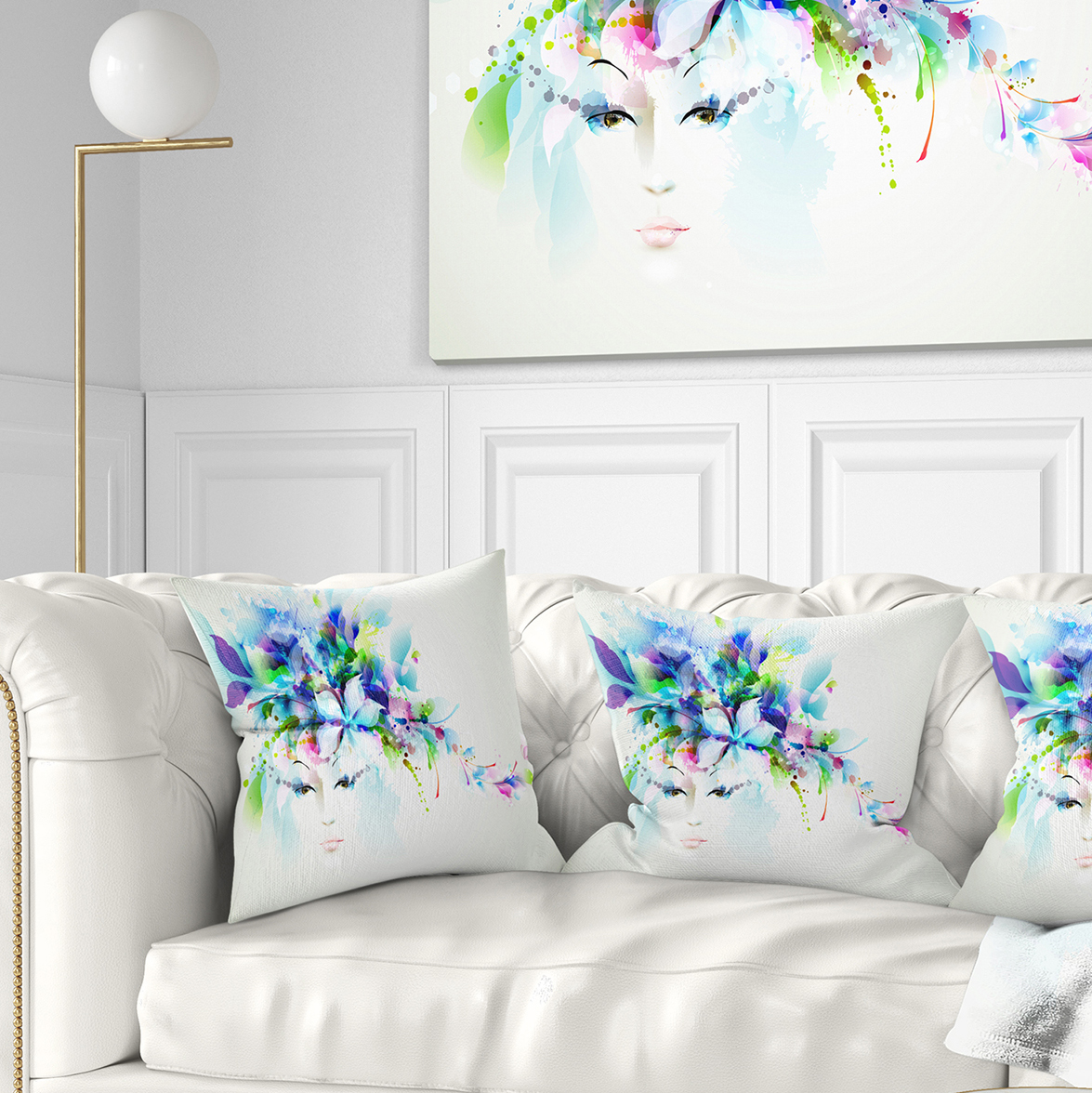 Designart Woman with Blue Flowers - Floral Throw Pillow - 18x18