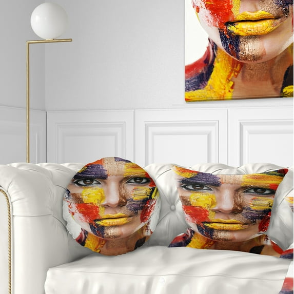 Designart Woman with Colorful Face - Contemporary Throw Pillow - 12x20