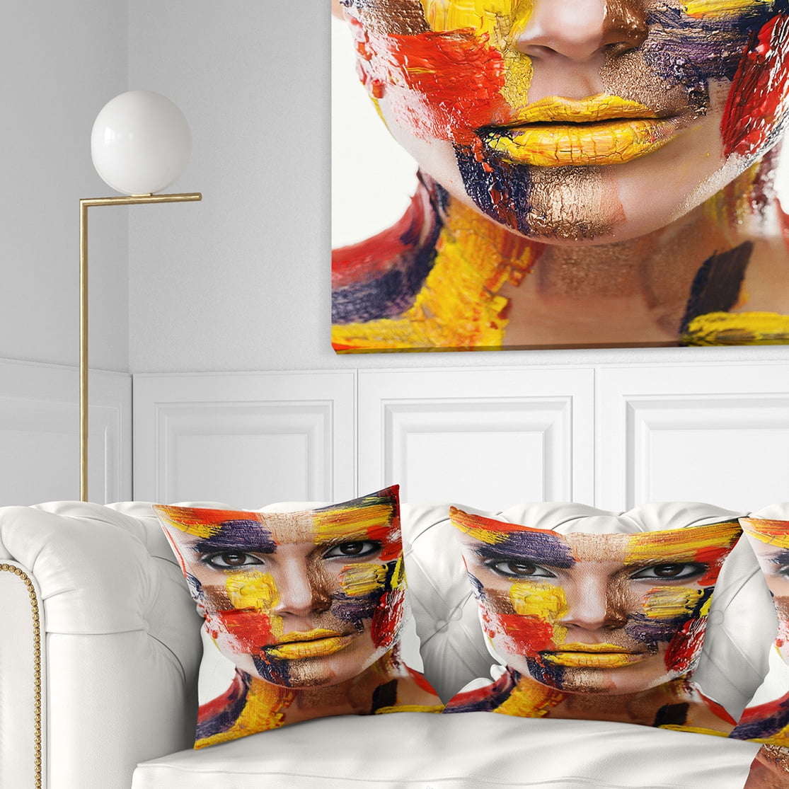 Designart Woman with Colorful Face - Contemporary Throw Pillow - 18x18