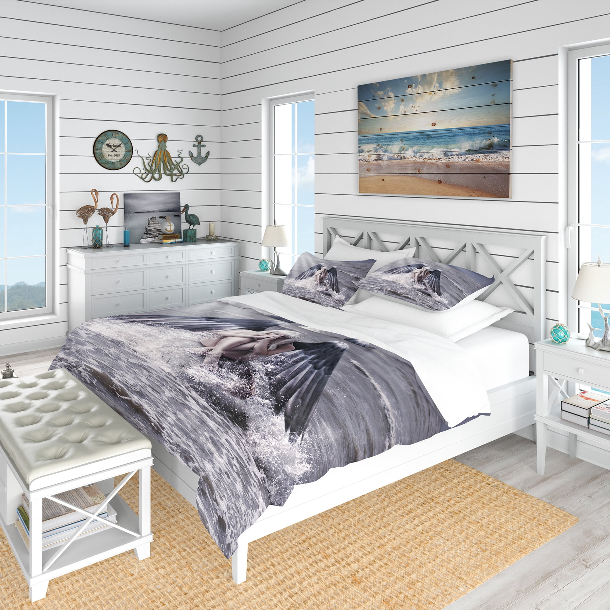 Designart 'Woman with Dark Angel Wings' Beach Duvet Cover Set