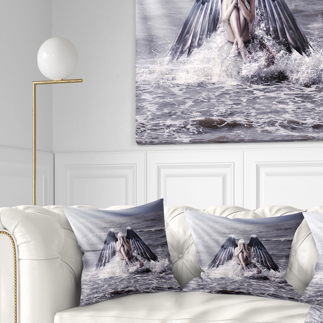 Designart Woman with Dark Angel Wings - Modern Beach Throw Pillow - 16x16