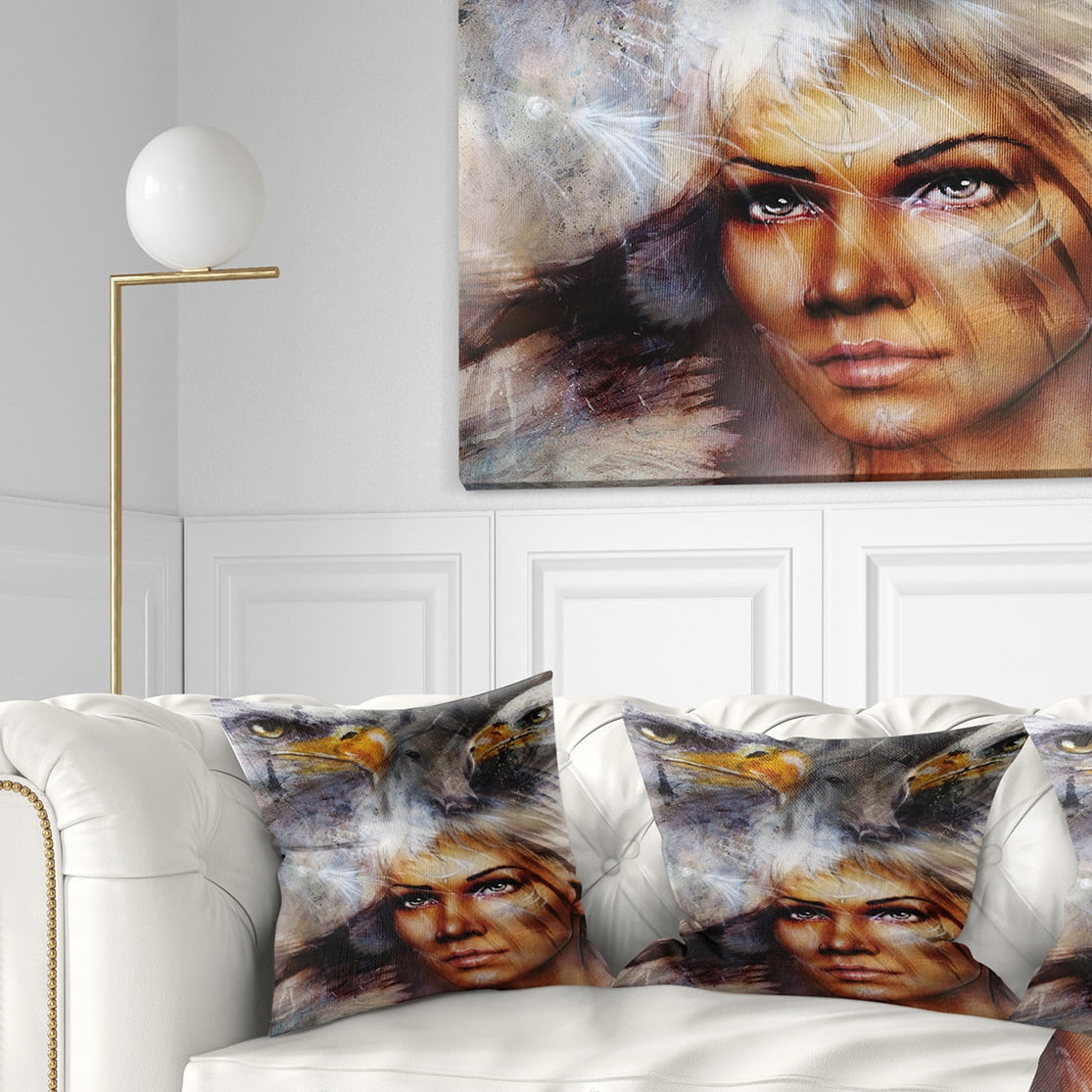 Designart Woman with Flying Eagles - Portrait Throw Pillow - 18x18