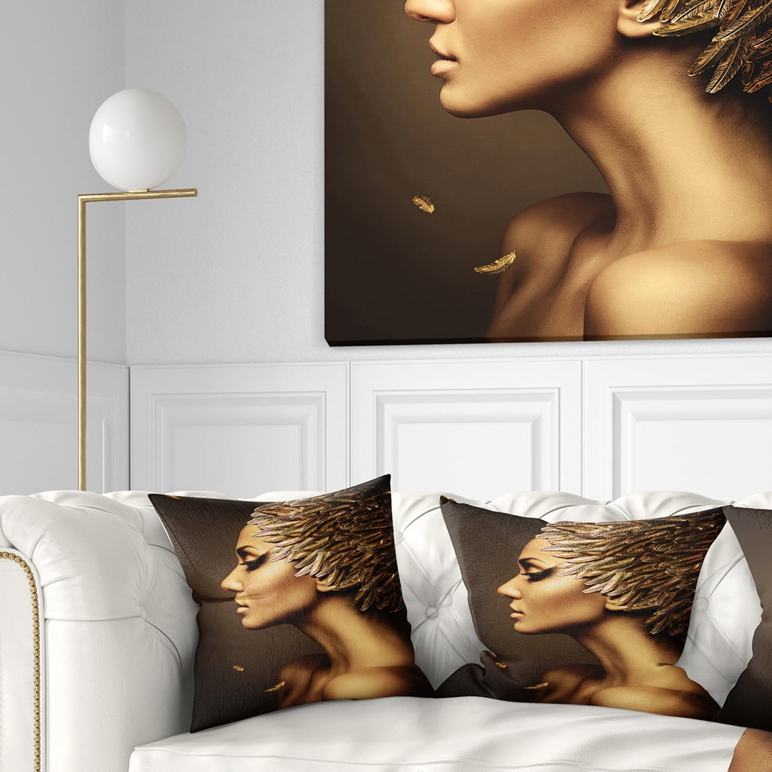 Designart Woman with Gold Feather Hat - Contemporary Throw Pillow - 16x16