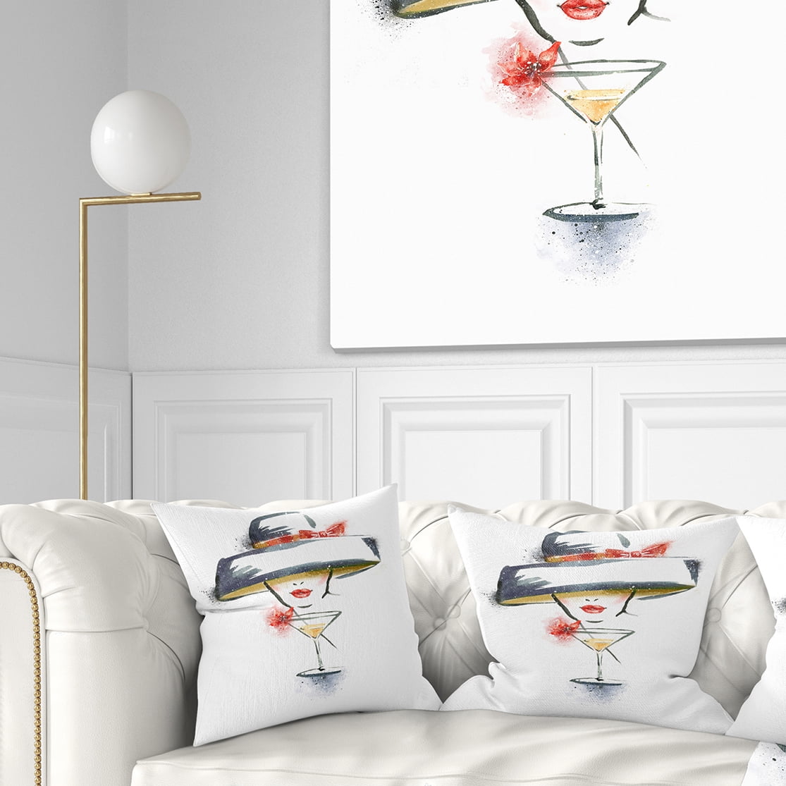 Designart Woman with Hat and Cocktail - Watercolor Portrait Throw Pillow - 16x16