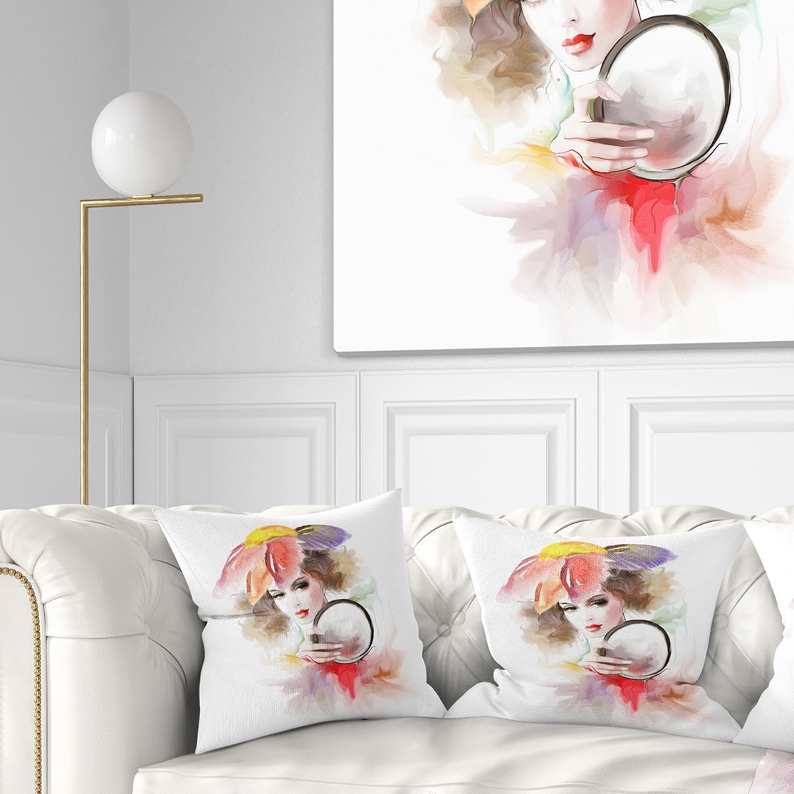 Designart Woman with Mirror - Abstract Throw Pillow - 18x18