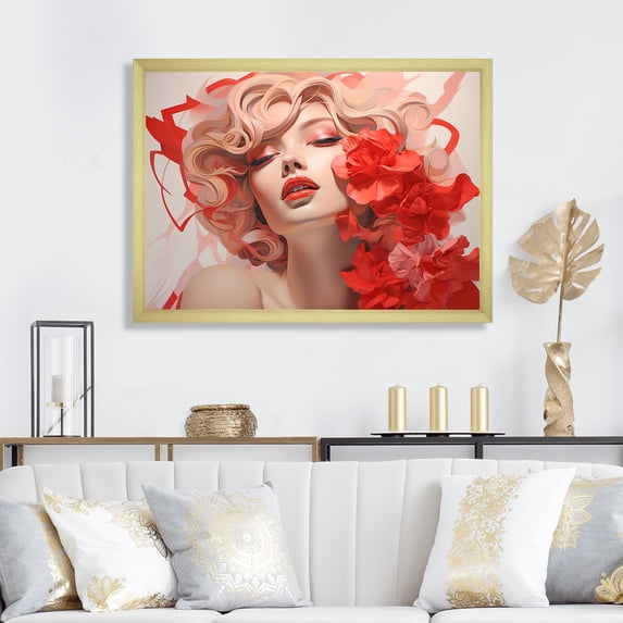 Designart "Woman with Red Flowers Fashionable Portrait I" Fashion Framed Wall Art Decor - Glam Red Fashion Woman Living Room Framed Canvas Art