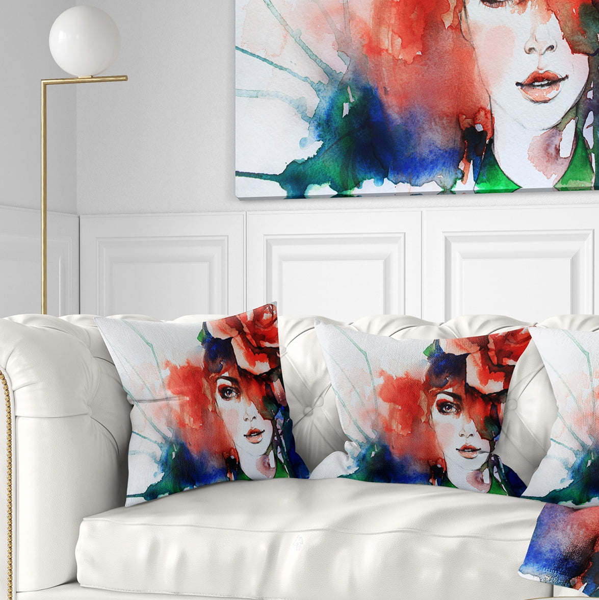 Designart Woman with Rose Illustration - Abstract Throw Pillow - 16x16